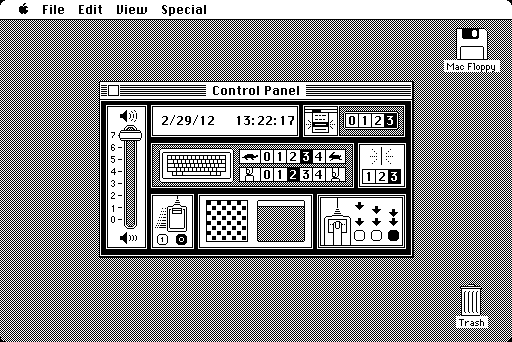 Susan Kare's original Control Panel design, includes basic time setting