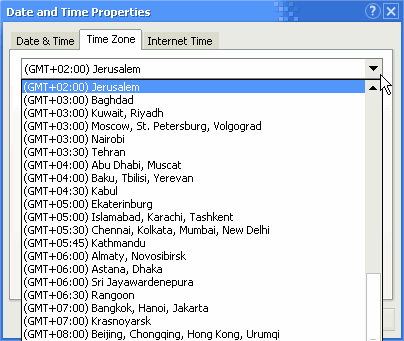 Windows 9x dropdown showing time zones ordered by offset