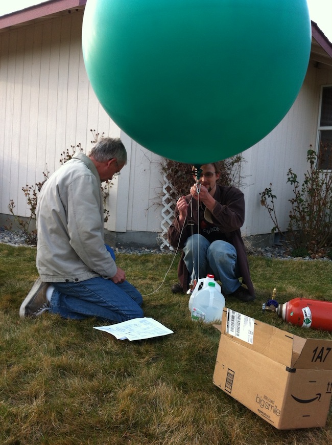 Getting the balloon set for its first flight, with my father-in-law