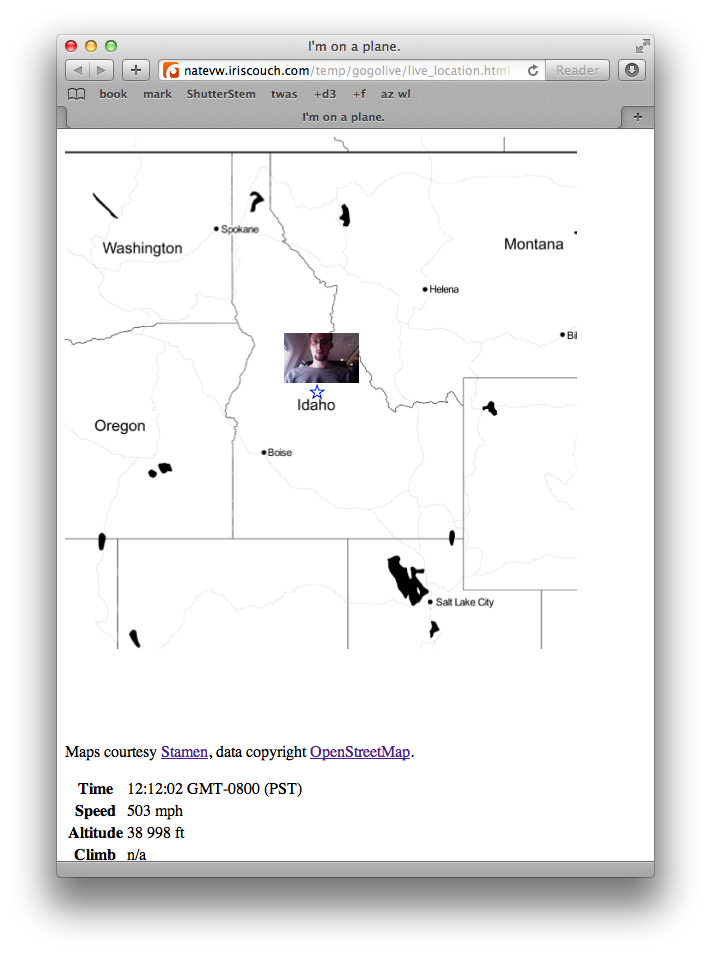 Screenshot of live map showing me somewhere over Idaho