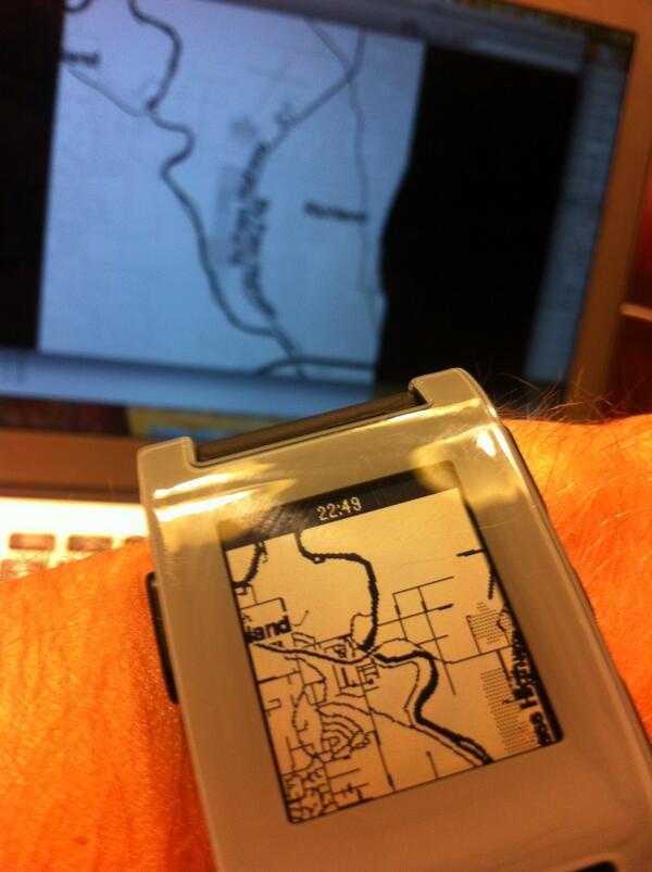 wristmap showing a B&W map of Richland on the Pebble wristwatch