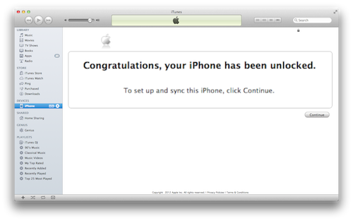 iTunes showing official unlock
